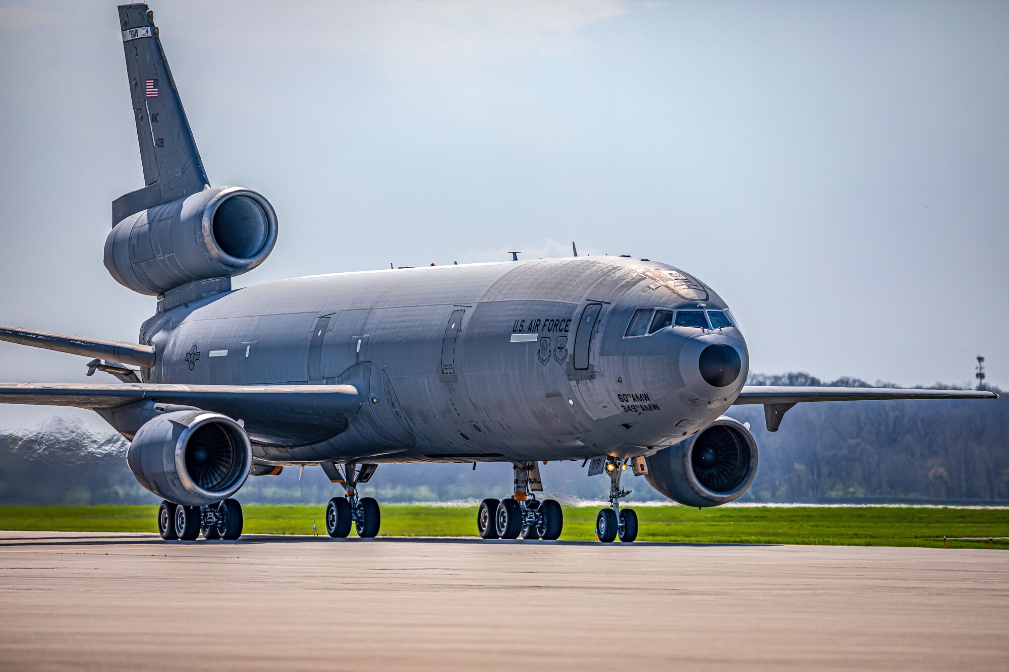 A KC-10 aircraft taxis down the flight line.