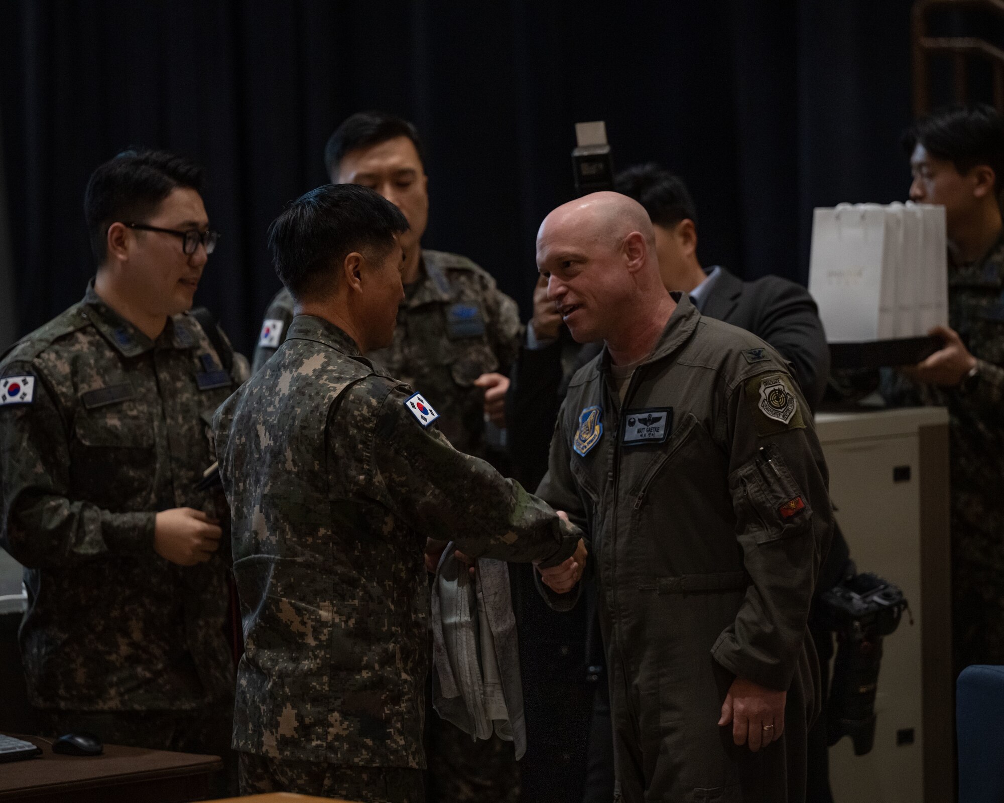 Republic of Korea Air Force Chief of Staff Gen. Lee, Young Su greets U.S. Air Force Col. Matthew Gaetke, 8th Fighter Wing commander, after speaking to personnel at Kunsan Air Base, ROK