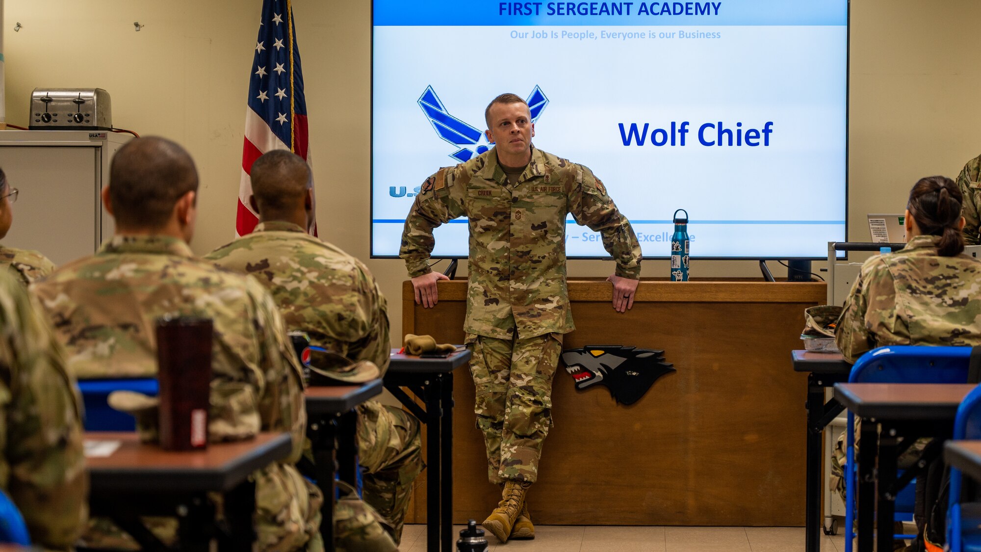 Chief Master Sgt. Steven Creek gives opening remarks at the First Sergeant Symposium.