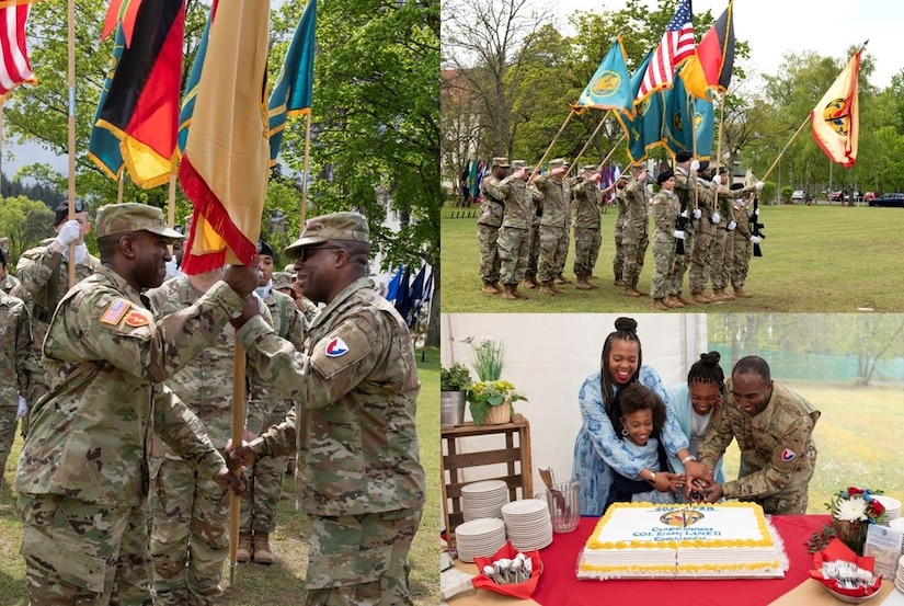 Army Maj. Gen. David Wilson, the commanding general of U.S. Army Sustainment Command, and Col. Ernest J. Lane II, the commander of the 405th Army Field Support Brigade, render honors at Lane’s assumption of command ceremony April 24 on NCO Field at Daenner Kaserne in Kaiserslautern, Germany. And Lane and his family cut the cake at his reception, following the ceremony (Elisabeth Paqué, Training Support Center Kaiserslautern VI photographer)
