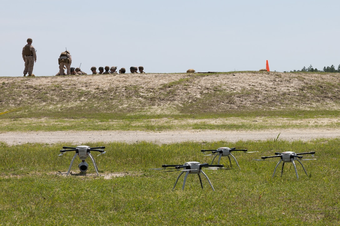 U.S. Marines with 2nd Low Altitude Air Defense (LAAD) Battalion conduct a counter-unmanned aircraft system (UAS) range on Marine Corps Base Camp Lejeune, North Carolina, April 16, 2024. 2nd LAAD Battalion conducted a dynamic, tactical scenario-driven counter-UAS aerial-gunnery range in which Marines had to shoot, maneuver, and communicate while directly engaging UAS aircraft. (U.S. Marine Corps photo by Lance Cpl. Anakin Smith)