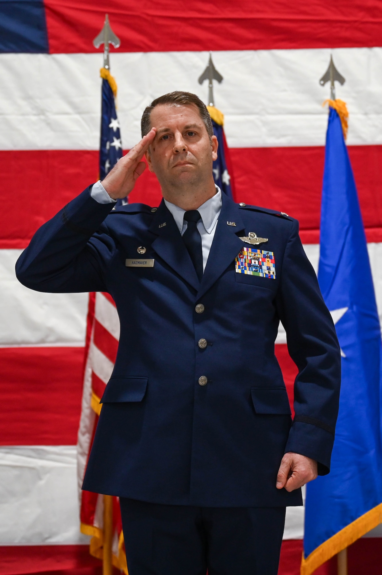U.S. Air Force Col. Kent Kazmaier renders his final salute as the wing commander of the 178th Wing during a change of command ceremony on Springfield-Beckley Air National Guard Base, Ohio, April 7, 2024. Kazmaier was the commander of the 178th Wing for over a year. (U.S. Air National Guard photo by Airman 1st Class Josh Kaeser)