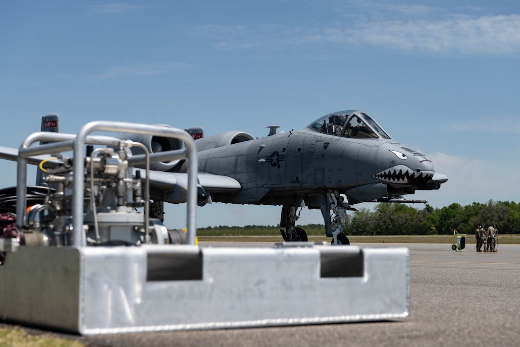 A U.S. Air Force A-10C Thunderbolt II pilot assigned to the 74th Fighter Squadron taxis down the flight line at Perry-Houston County Airport, in Perry Georgia, April 12, 2024. Airmen assigned to the 23rd Maintenance Group and 23rd Logistics Readiness Squadron supported Exercise Ready Tiger 24-1 by rapidly refueling A-10C’s at dispersed locations. During Ready Tiger 24-1, the 23rd Wing will be evaluated on the integration of Air Force Force Generation principles such as Agile Combat Employment, integrated combat turns, forward aerial refueling points, multi-capable Airmen, and combat search and rescue capabilities. (U.S. Air Force photo by Senior Airman Rachel Coates)