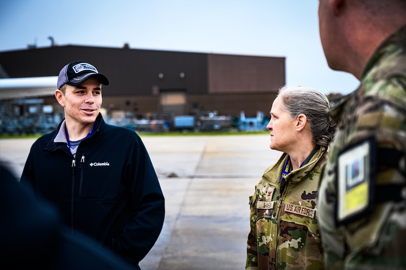 U.S. Air Force Col. Elizabeth Hanson, 305th Air Mobility Wing commander, speaks with a civilian pilot at Joint Base McGuire-Dix-Lakehurst, N.J., April 20, 2024. The Mid-Air Collision Avoidance program is designed to ensure safety practices are observed between military and civilian pilots who share a common airspace. (U.S. Air Force photo by Senior Airman Matt Porter)