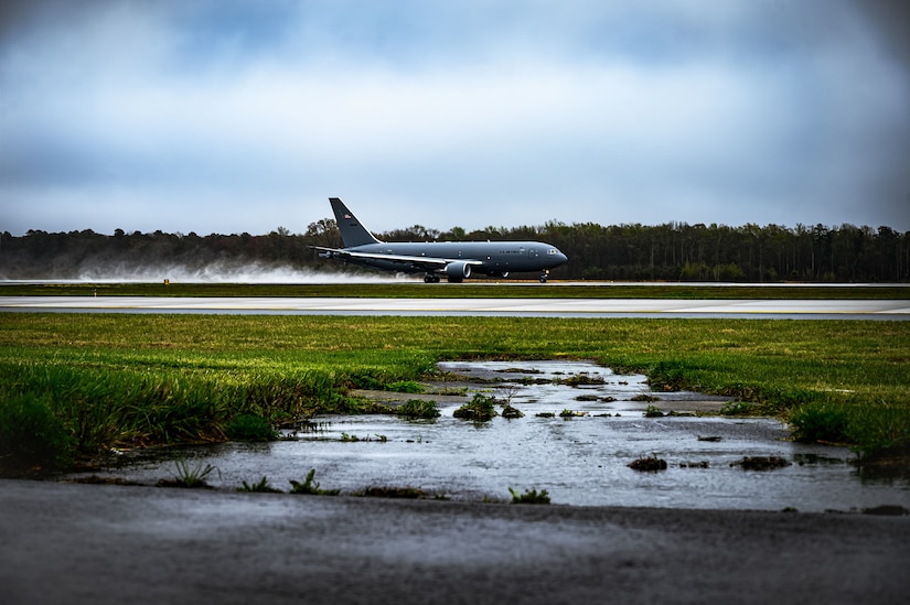 A KC-46A Pegasus takes off on a runway at Joint Base McGuire-Dix-Lakehurst, N.J., April 20, 2024. The Mid-Air Collision Avoidance program is designed to ensure safety practices are observed between military and civilian pilots who share a common airspace. (U.S. Air Force photo by Senior Airman Matt Porter)
