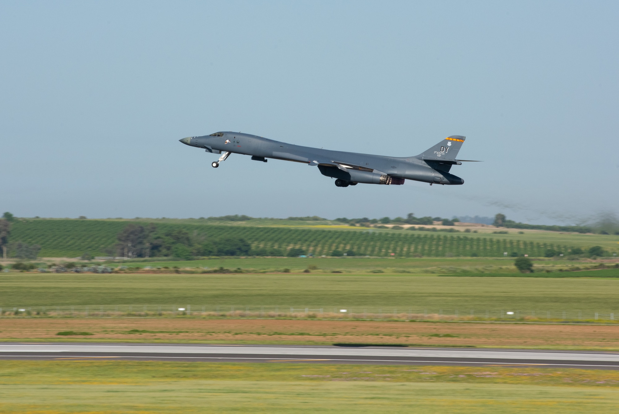 A U.S. Air Force B-1B Lancer flies over Morón Air Base
