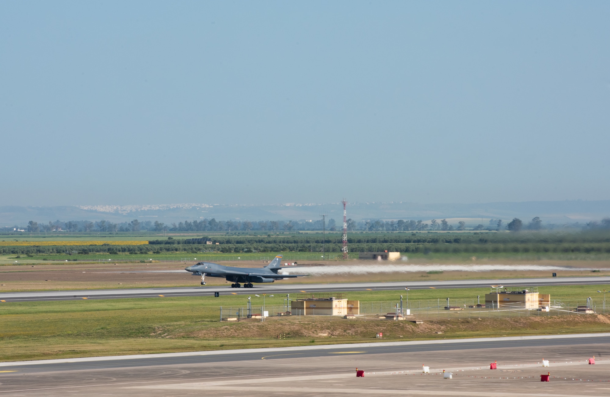 A U.S. Air Force B-1B Lancer takes off at Morón Air Base