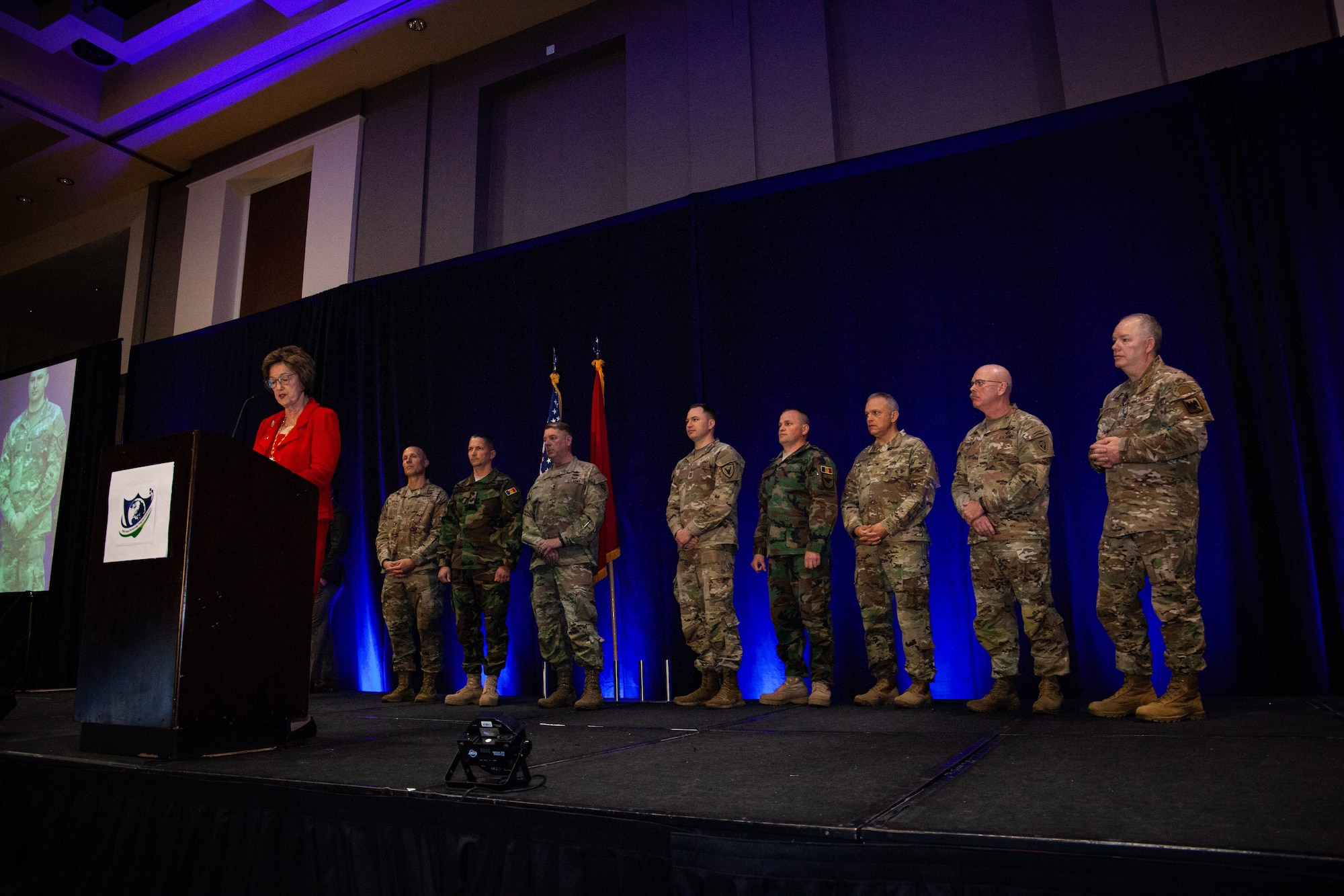 North Carolina Secretary of State Elaine Marshall speaks at the annual conference where the North Carolina National Guard and Moldova were awarded the 2023 Partnership of the Year at the State Partnership Program’s annual conference on April 16-18.