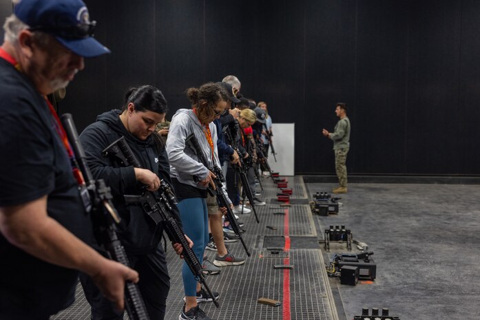 Educators from Recruiting Stations Chicago, Kansas City and Saint Louis practice weapons safety as part of the 2024 Educator’s Workshop at Marine Corps Base Camp Pendleton, California, April 24, 2024. Participants of the workshop visit MCRD San Diego to observe recruit training and gain a better understanding about the transformation from recruits to United States Marines. Educators also received classes and briefs on the benefits that are provided to service members serving in the United States armed forces. (U.S. Marine Corps photo by Lance Cpl. Jacob B. Hutchinson)