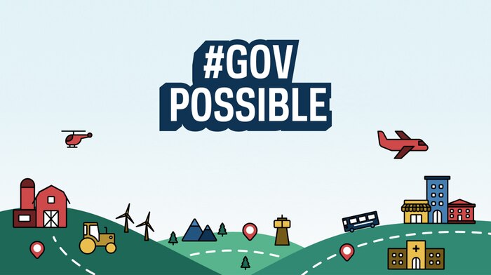 A graphic with the hashtag #Govpossible in the middle. It's set on a backdrop of a cartoonish style town with a farm, a little city, a helocopter on side and a plane.