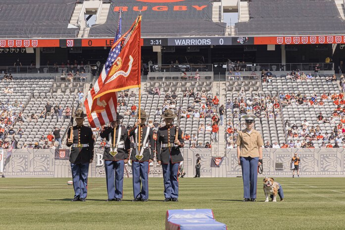 U.S. Marines with the Regimental Color Guard, Recruit Training Regiment, Marine Corps Recruit Depot San Diego, Cpl. Sarah Grawcock, a combat photographer and mascot handler with Headquarters and Service Battalion, MCRD San Diego, and Pfc. Bruno, the mascot for MCRD San Diego and the Western Recruiting Region, participate in the color’s ceremony for the San Diego Legions at Snap Dragon Stadium, San Diego, California, April 21, 2024. The San Diego Legion is a part of Major League Rugby, a professional sports league starting its eighth season. (U.S. Marine Corps photo by Lance Cpl. Alexandra M. Earl)