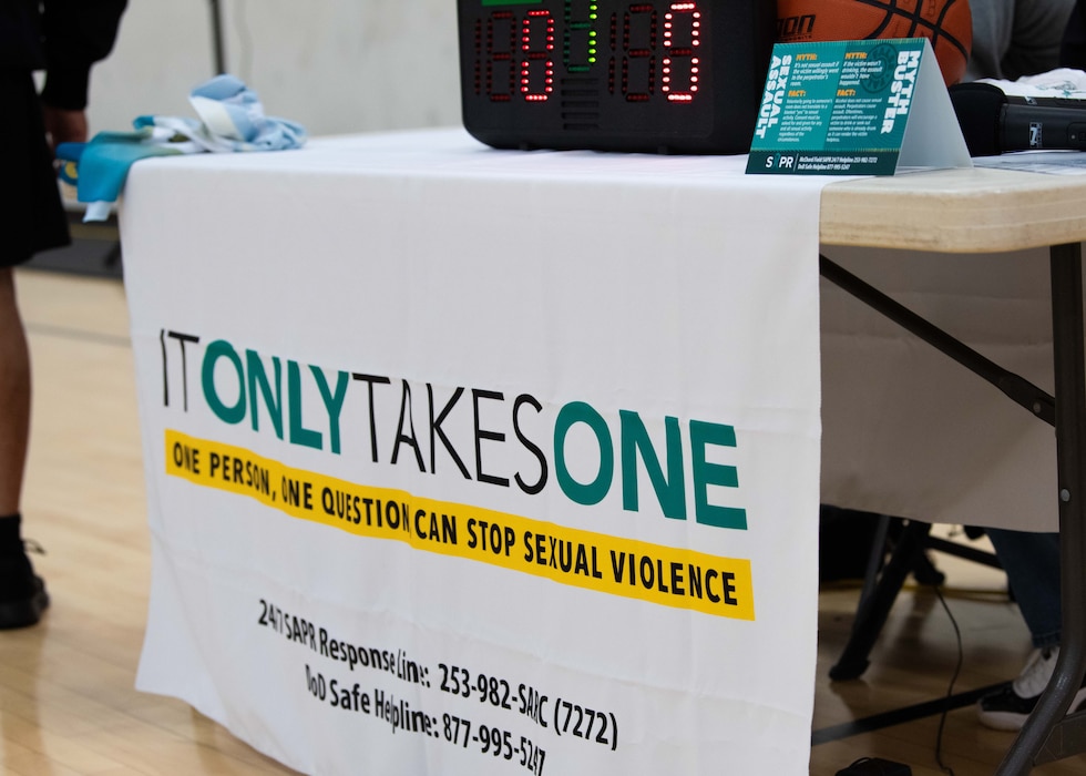 The Sexual Assault Prevention and Response office host an Air Force versus Army basketball tournament at Joint Base Lewis-McChord, Washington, April 18, 2024. SAPR hosted the event to raise awareness and recognize Sexual Assault Awareness and Prevention Month.