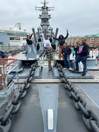 Friday, April 19, 2024, Sailors from NMRLC visited the Nauticus Downtown Museum Battleship USS Wisconsin for the 80th Commissioning Anniversary. For some Sailors who may have visited a fleet going vessel for the first time, this trip was enlightening. Pictured from left to right are PSSA Viviana Huergo Godoy, HM2 Kyra Gatt, HM2 Zachary Hylton, HM1 Ericka Garnes, HM1 Sherwin Abris, LT Ian Levine and Mr. D. Camper. Nauticus is open to the general public.