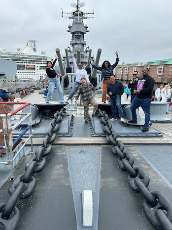 Friday, April 19, 2024, Sailors from NMRLC visited the Nauticus Downtown Museum Battleship USS Wisconsin for the 80th Commissioning Anniversary. For some Sailors who may have visited a fleet going vessel for the first time, this trip was enlightening. Pictured from left to right are PSSA Viviana Huergo Godoy, HM2 Kyra Gatt, HM2 Zachary Hylton, HM1 Ericka Garnes, HM1 Sherwin Abris, LT Ian Levine and Mr. D. Camper. Nauticus is open to the general public.