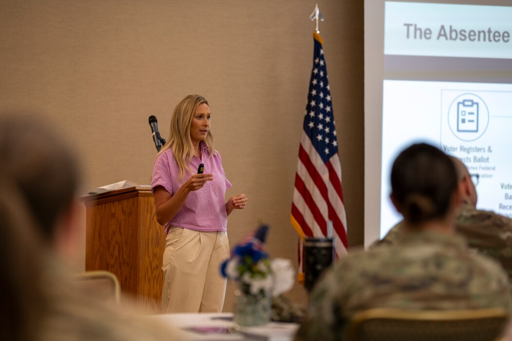 Heather Eudy, DOD Federal Voting Assistance Program State Legislative Affairs specialist, speaks at a Voting Assistance Officer workshop at Moody Air Force Base, Georgia, April 24, 2024. Absentee voting is an important part of the U.S. democratic election process and allows Airmen overseas to have a voice during the elections. (U.S. Air Force photo by Airman 1st Class Leonid Soubbotine)