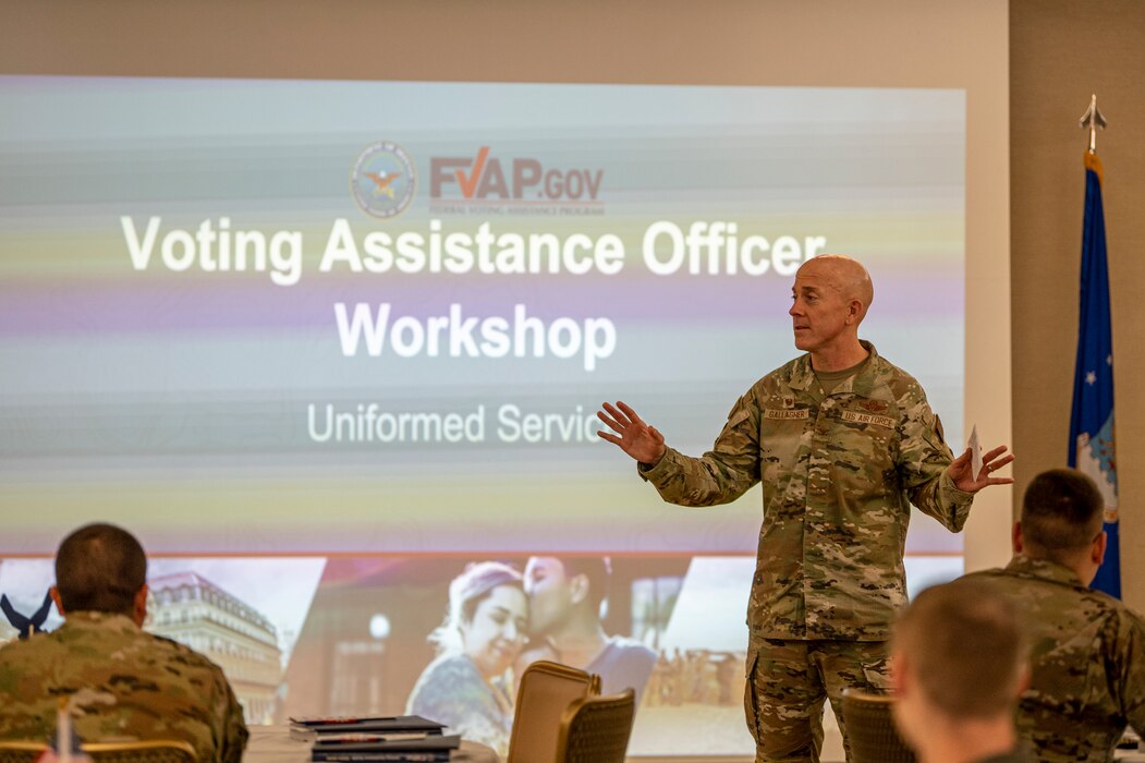 U.S. Air Force Col. Michael Gallagher, 23rd Mission Support Group commander, speaks at a Voting Assistance Officer workshop at Moody Air Force Base, Georgia, April 24, 2024. The Federal Voting Assistance Program holds in-person training for VAOs at military installations, U.S. embassies and consulates worldwide. (U.S. Air Force photo by Airman 1st Class Leonid Soubbotine)