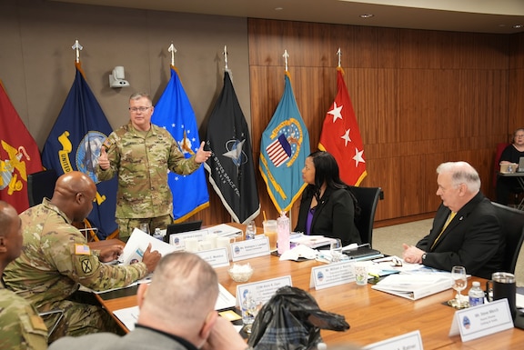 Army Lt. Gen. Mark Simerly, DLA director, speaks to DLA Troop Support senior leaders during his visit to the major subordinate command in Philadelphia April 18. Simerly has been visiting DLA MSCs since becoming the agency director Feb. 2.