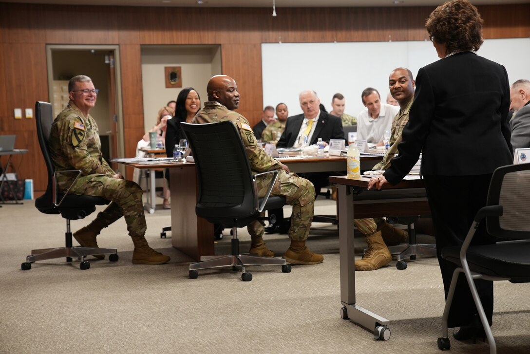 Army Lt. Gen. Mark Simerly, DLA director, listens to introductions from DLA Troop Support senior leaders during his visit to the major subordinate command in Philadelphia April 18. Simerly has been visiting DLA MSCs since becoming the agency director Feb. 2.