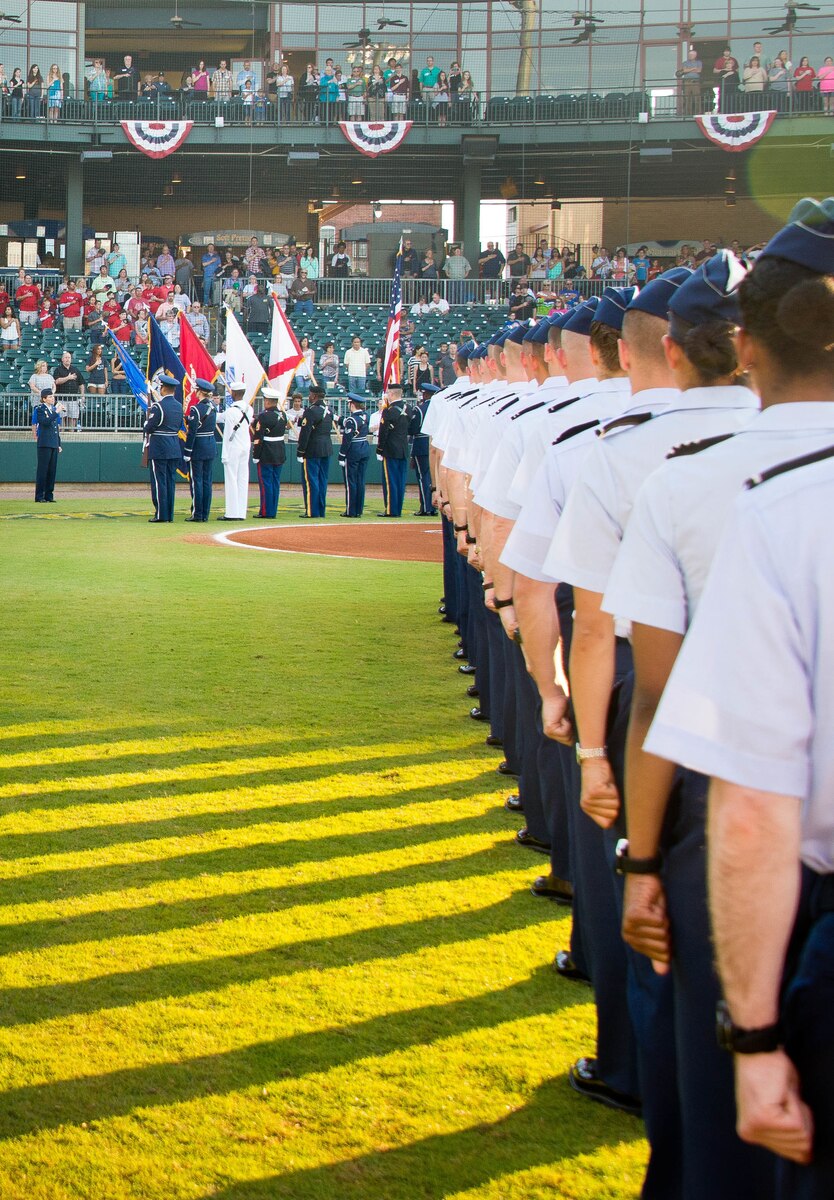 Maxwell AFB, AL - Military members from all branches of service participate in the pregame ceremony during the annual Montgomery Biscuits Military Appreciation night at Riverwalk Stadium, May 7, 2016.