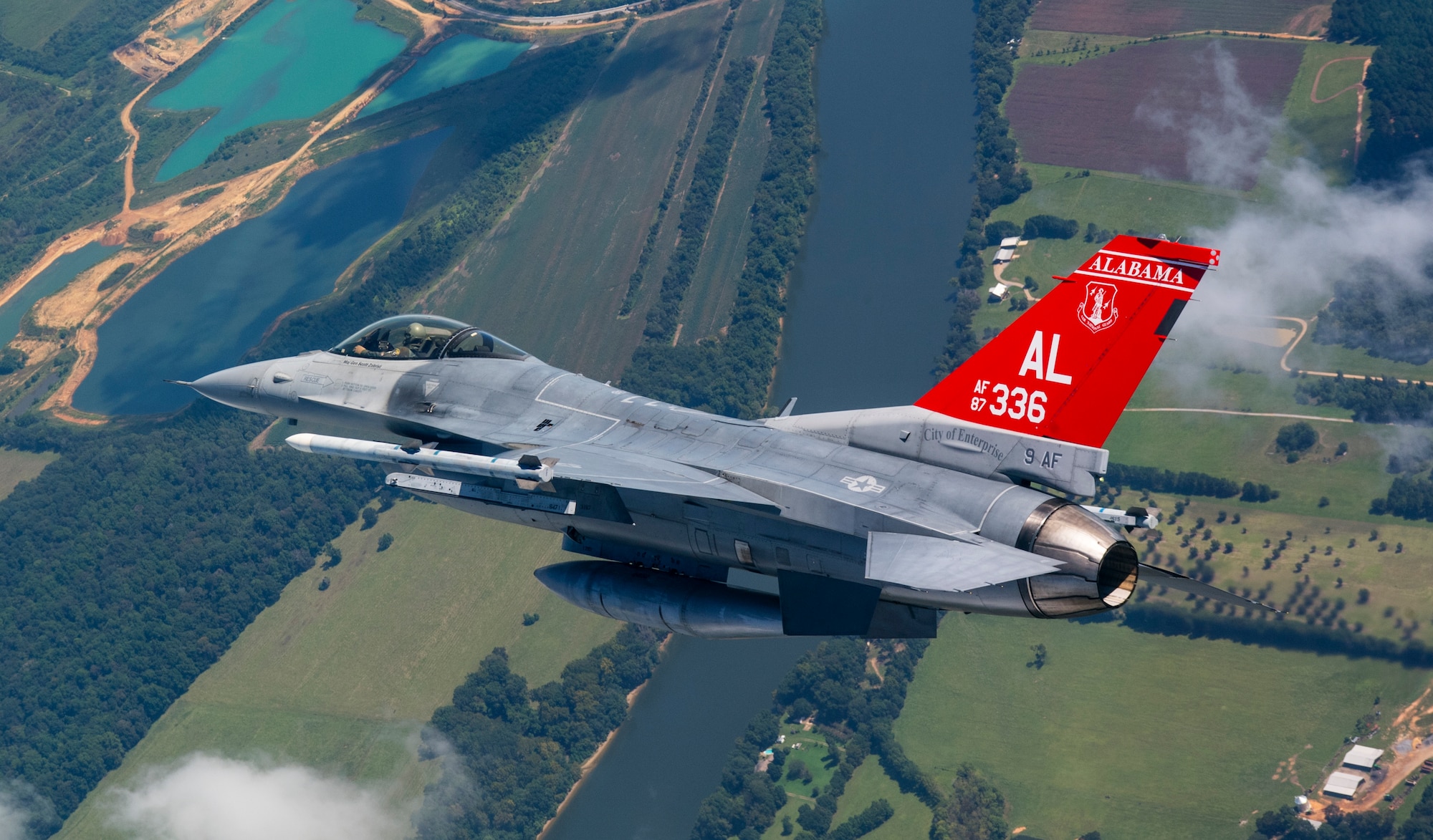 A U.S. Air Force F-16 Fighting Falcon from the 100th Fighter Squadron flies in a hold pattern Sep. 7, 2018, while flying over areas of Alabama.