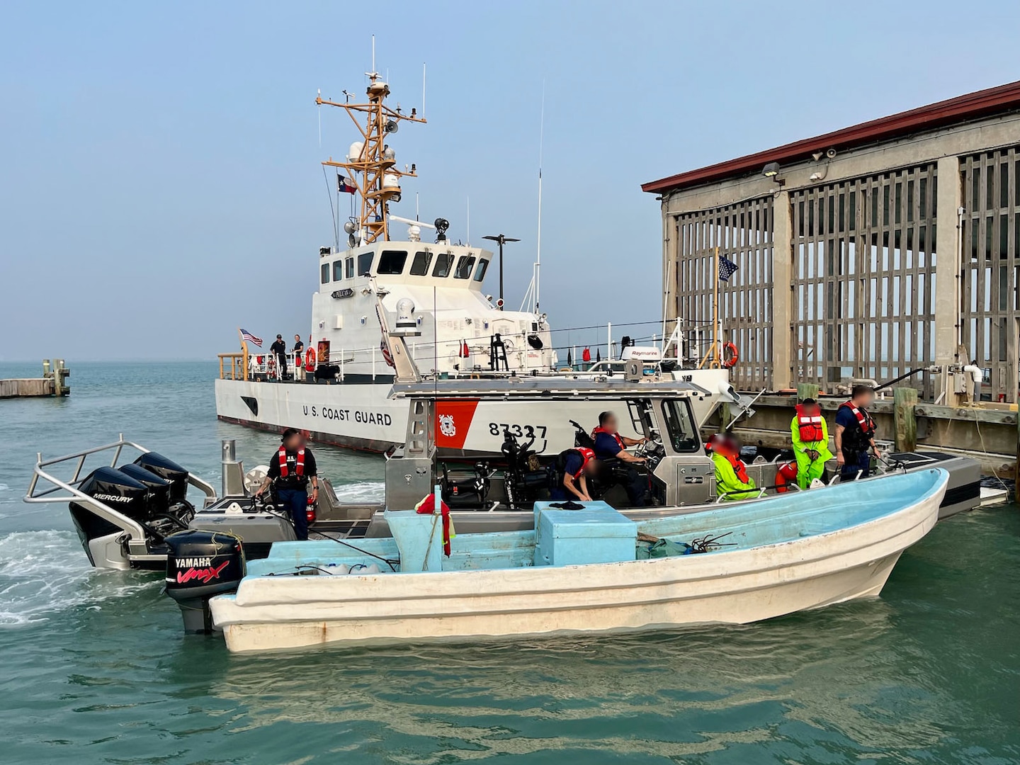 A boat crew from Coast Guard Station South Padre Island interdicted a lancha with four Mexican fishermen north of the Maritime Boundary Line off the Texas coast April 24, 2024. The Coast Guard crew interdicted the lancha, seized 350 pounds of illegally caught red snapper and transferred the men to U.S. Customs and Border Protection for further processing. (U.S. Coast Guard photo, courtesy Station South Padre Island)