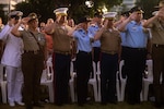 U.S. Marine Corps Col. Brian T. Mulvihill, center right, the commanding officer of Marine Rotational Force – Darwin 24.3, and Lt. Col. Scott Stafford, center left, the executive officer of MRF-D-24.3, salute during the 109th commemorative service in honor of Anzac Day at Darwin Cenotaph War Memorial, NT, Australia, April 25, 2024. Anzac Day marks the landings in Gallipoli of Australian and New Zealand Army Corps soldiers in 1915, and commemorates all Australian personnel who served and died in wars, conflicts, and peacekeeping operations. MRF-D 24.3 Marines and Sailors showed their support to the Australian Defence Force personnel commemorating Anzac Day through dawn services and other commemorative services. Mulvihill is a native of New York. Stafford is a native of Indiana. (U.S. Marine Corps photo by Cpl. Juan Torres)
