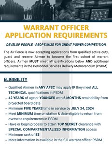 The Air Force is now accepting applications from April 25 to May 31, 2024, for Airmen aspiring to become the inaugural cohort of warrant officers in the information technology and cyber career fields. (U.S. Air Force graphic)