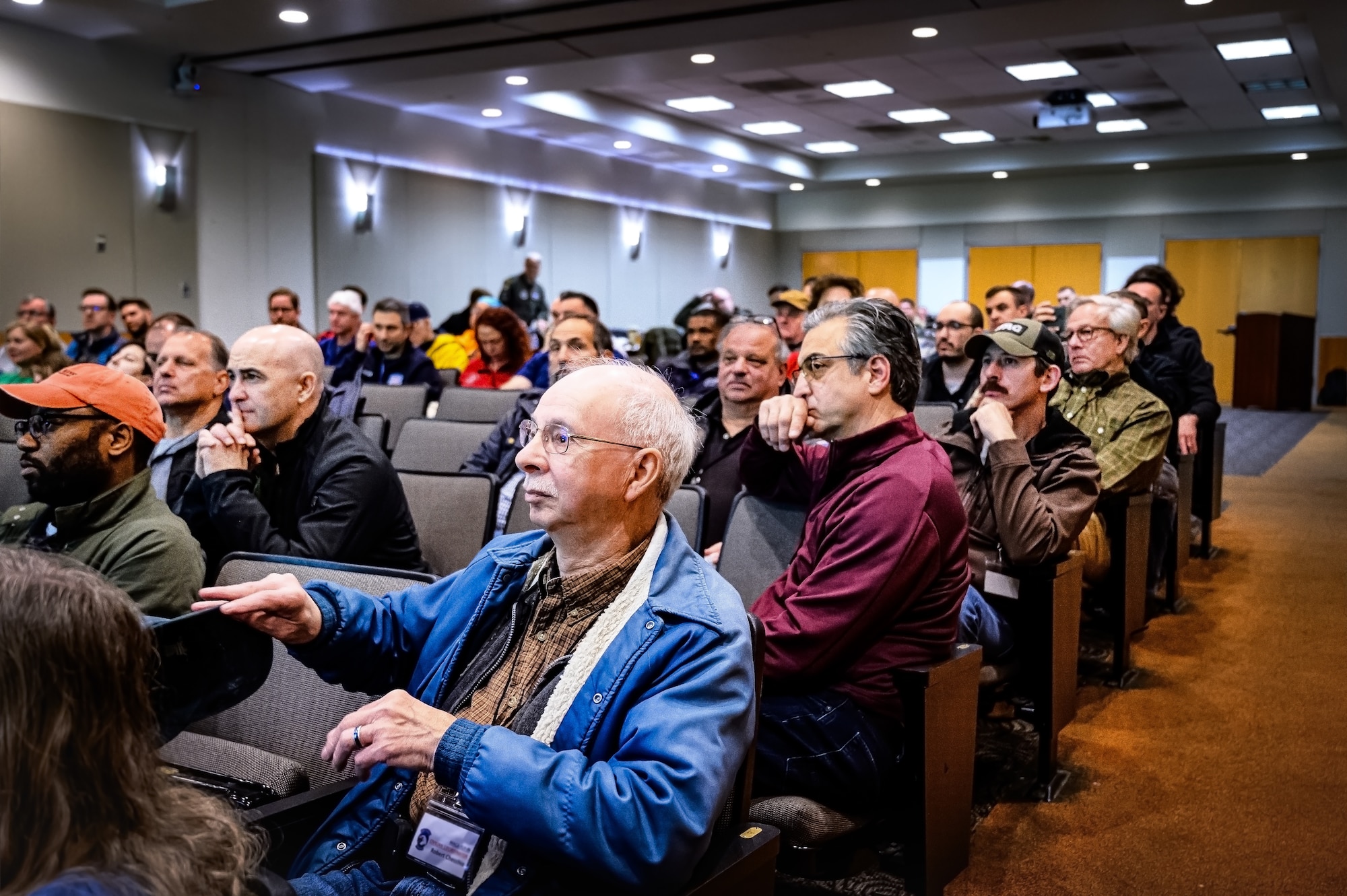 Local civilians attend a safety briefing at Joint Base McGuire-Dix-Lakehurst, N.J., April 20, 2024. The Mid-Air Collision Avoidance program is designed to ensure safety practices are observed between military and civilian pilots who share a common airspace. (U.S. Air Force photo by Senior Airman Matt Porter)