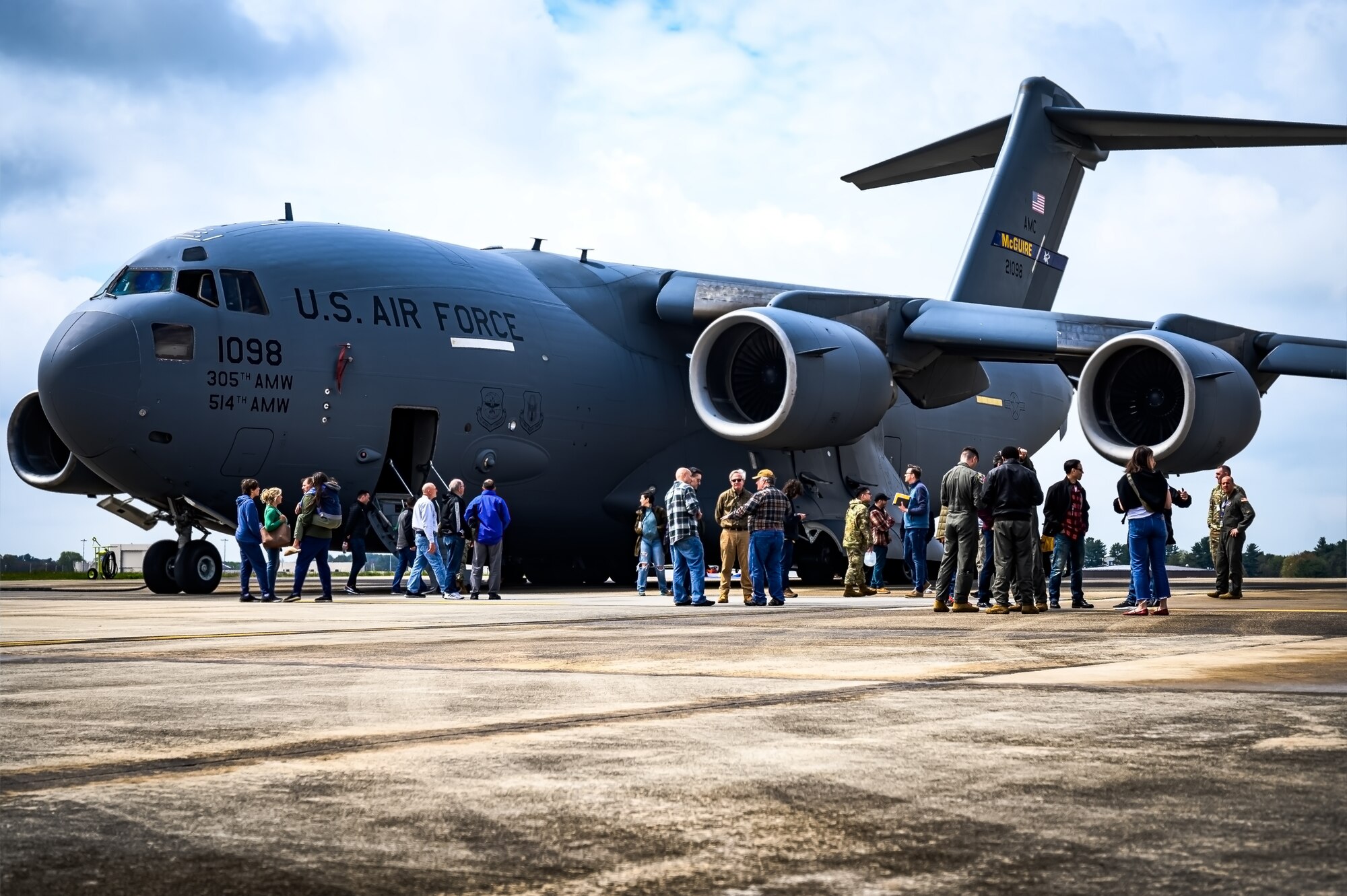 Local civilians tour a C-17 Globemaster III at Joint Base McGuire-Dix-Lakehurst, N.J., April 20, 2024. The Mid-Air Collision Avoidance program is designed to ensure safety practices are observed between military and civilian pilots who share a common airspace. (U.S. Air Force photo by Senior Airman Matt Porter)