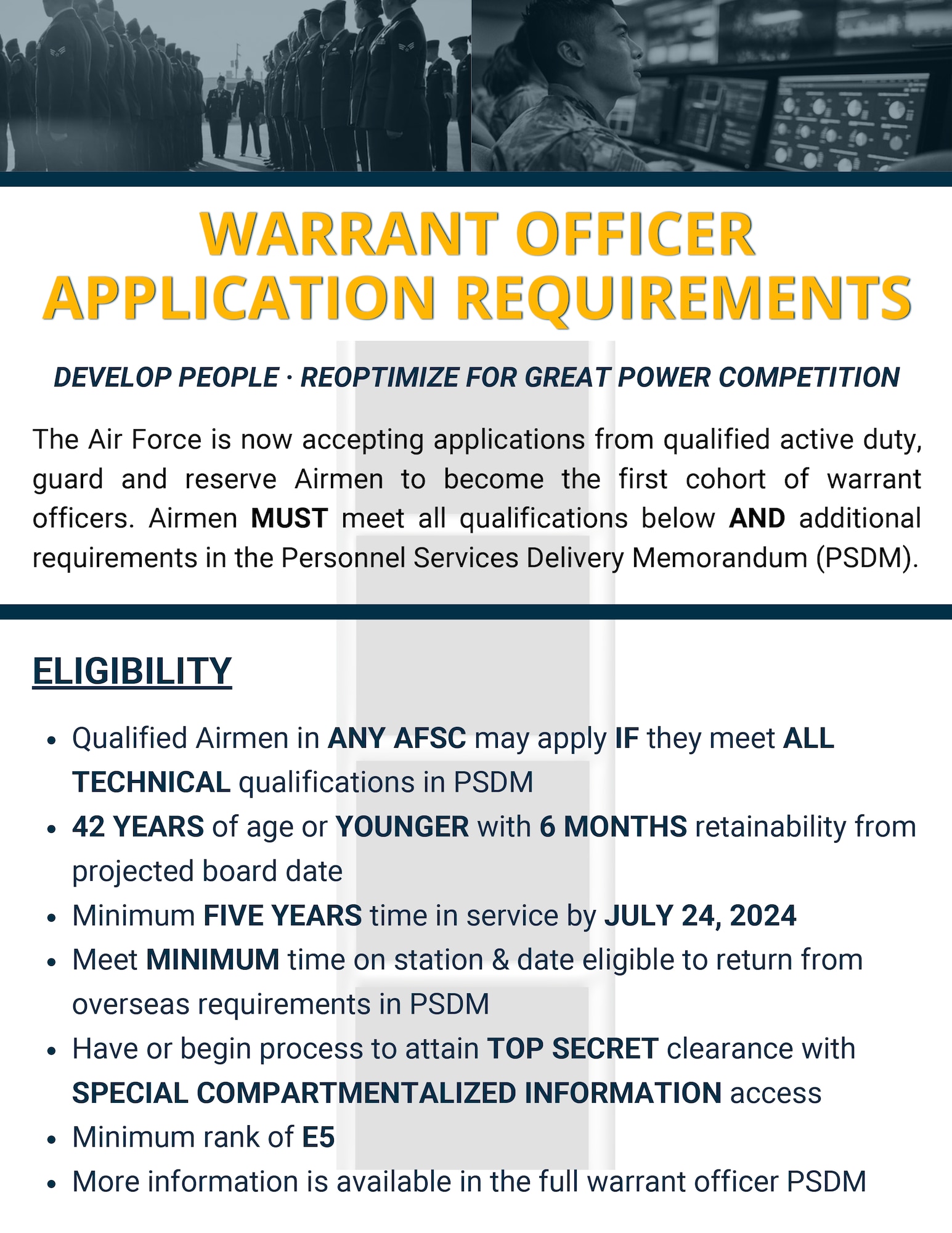 The Air Force is now accepting applications, from April 25 to May 31, for Airmen aspiring to become the inaugural cohort of warrant officers in the information technology and cyber career fields.
