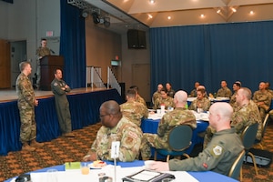 Lt. Gen. David Iverson, 7th Air Force commander, delivers opening remarks at the 7th Air Force Leadership Summit, April 3, 2024.