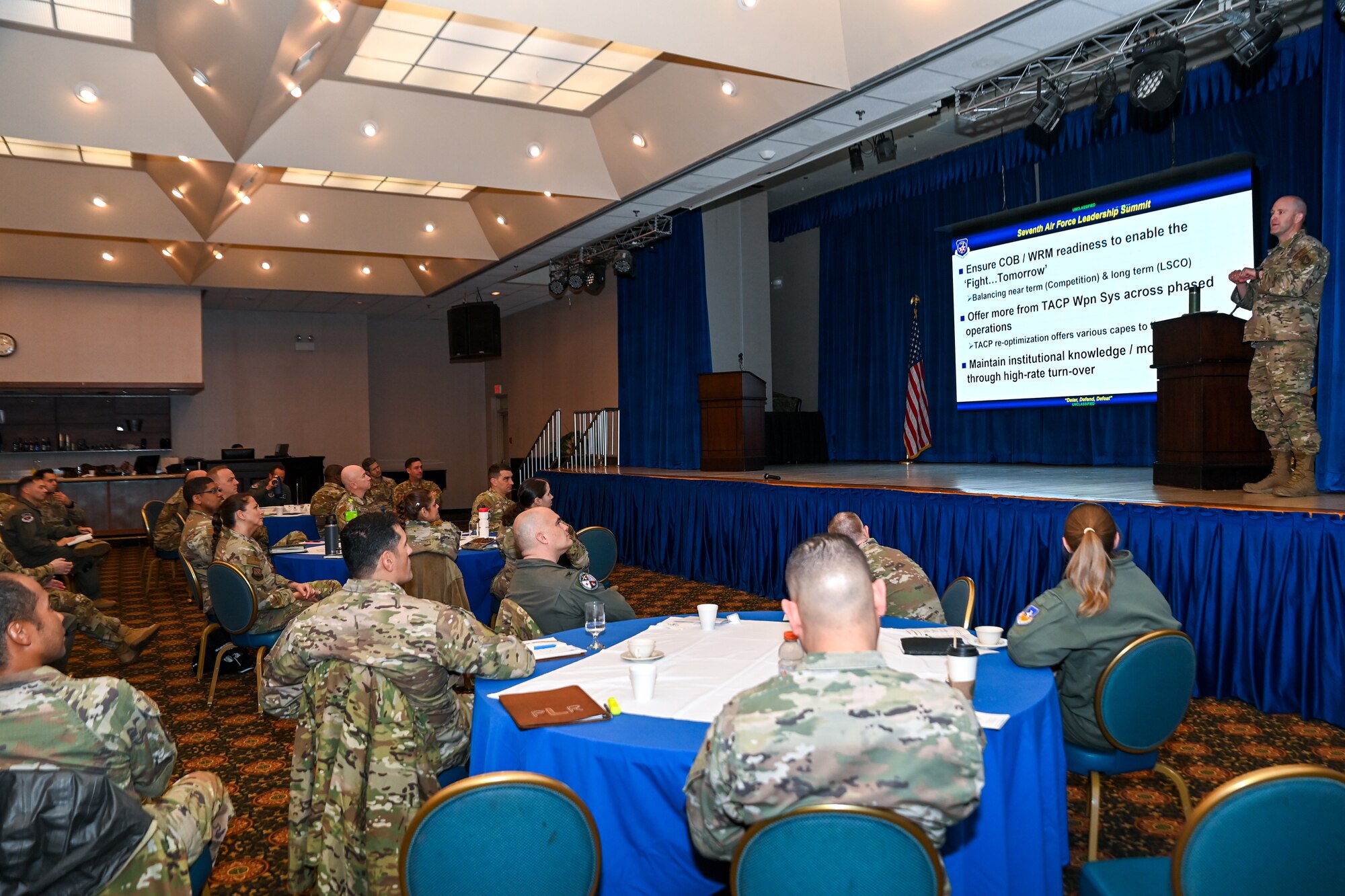 Col. Patrick Lowe, 607th Air Support Operations Group commander, delivers remarks at the 7th Air Force Leadership Summit, April 3, 2024. Lt. Gen. David Iverson, 7th Air Force commander, held the event for all 7th Air Force commanders, headquarters 7th Air Force staff directors, and senior enlisted leaders to provide his vision for the command and align priorities.