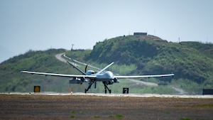 A U.S. Air Force MQ-9 Reaper takes off from the flightline at Kunsan Air Base, Republic of Korea, April 19, 2024.