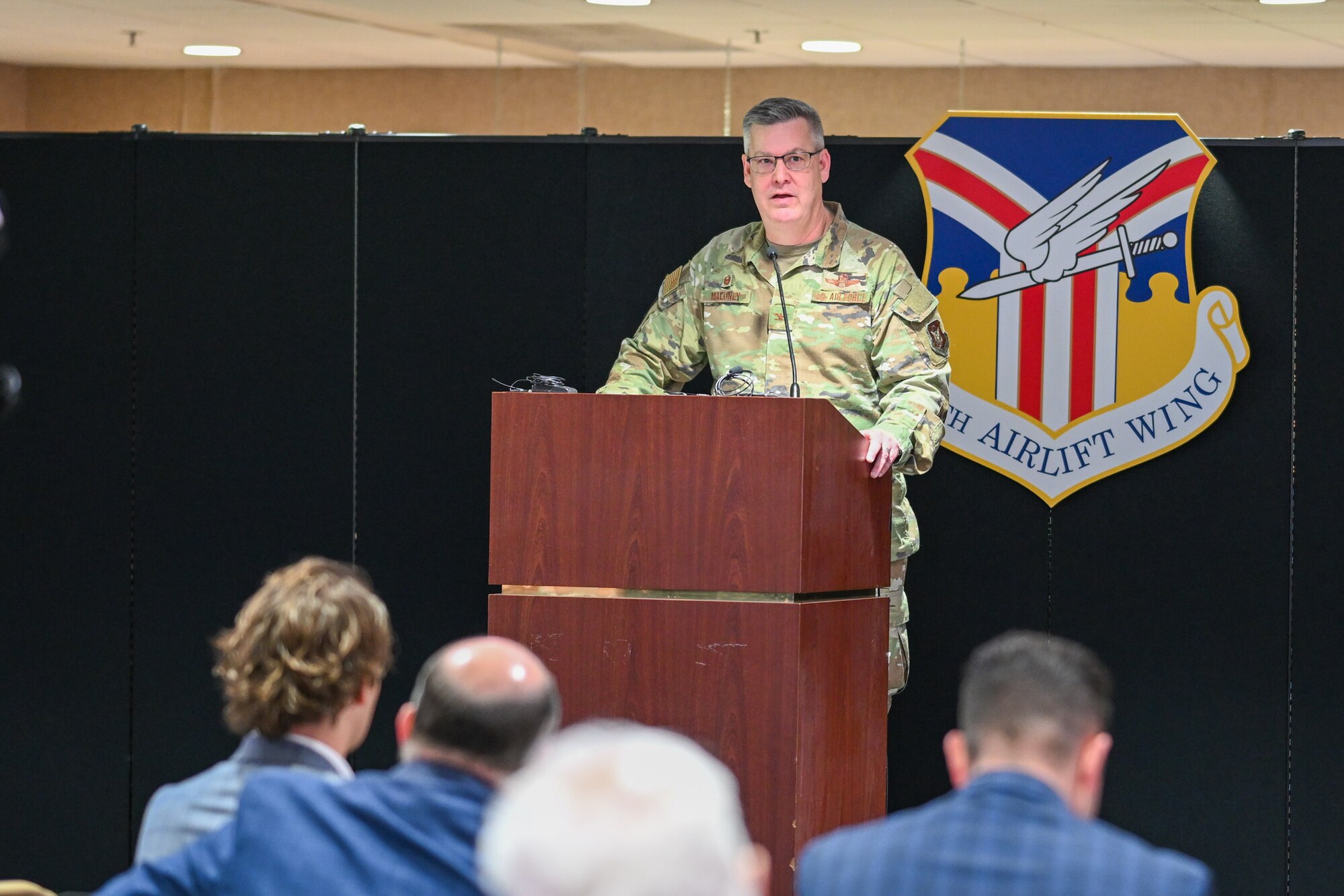910th Airlift Wing Commander Col. Mike Maloney welcomes guests and makes remarks at a main gate relocation and upgrade project groundbreaking ceremony at Youngstown Air Reserve Station, Ohio, April 23, 2024.