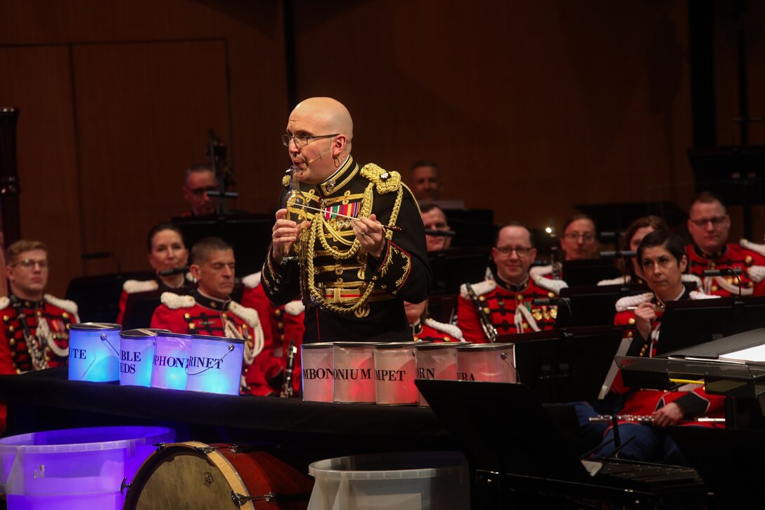 Lt. Col. Ryan Nowlin blows bubbles during the Young People's Concert on Feb. 10, 2024.