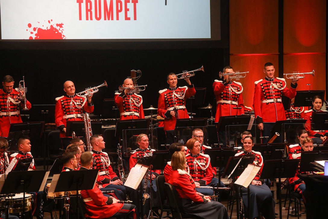 Marine Band trumpet players display their instruments during the Young People's Concert on Feb. 10, 2024.