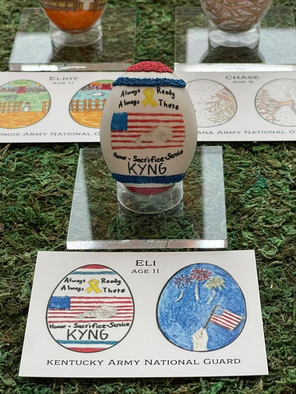 Eli Willingham, son of Sgt. 1st Class Vincent Willingham, readiness Non-commissioned officer for the Headquarters and Headquarters Company, 1792nd Combat Sustainment Support Battalion, egg design he submitted to the White House for First Lady's Egg Roll at it is displayed in the White House East Colonnade