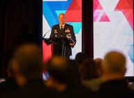 Lt. Gen. Micheal J. Lutton, deputy commander of Air Force Global Strike Command, gives a speech during the Task Force 21 North Dakota Nuclear Triad Symposium at Minot, North Dakota, April 23, 2024. The symposium focused on sustaining credible nuclear deterrence amidst growing challenges while addressing current modernization efforts including the Sentinel and B-52 projects, the state of nuclear deterrence, and our adversaries. (U.S. Air Force photo by Airman 1st Class Luis Gomez)