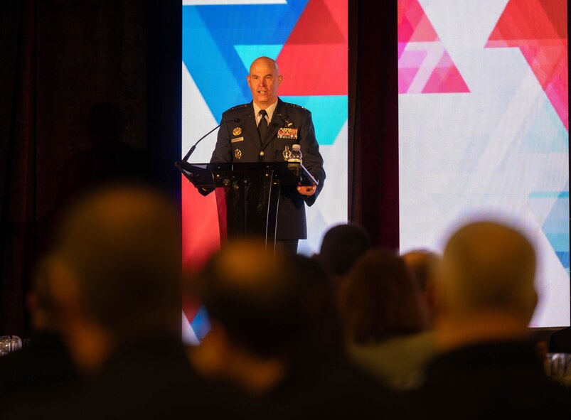 Lt. Gen. Micheal J. Lutton, deputy commander of Air Force Global Strike Command, gives a speech during the Task Force 21 North Dakota Nuclear Triad Symposium at Minot, North Dakota, April 23, 2024. The symposium focused on sustaining credible nuclear deterrence amidst growing challenges while addressing current modernization efforts including the Sentinel and B-52 projects, the state of nuclear deterrence, and our adversaries. (U.S. Air Force photo by Airman 1st Class Luis Gomez)