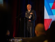 Lt. Gen. Micheal J. Lutton, deputy commander of Air Force Global Strike Command, provides remarks during the Task Force 21 North Dakota Nuclear Triad Symposium at Minot, North Dakota, April 23, 2024. The symposium focused on sustaining credible nuclear deterrence amidst growing challenges while addressing current modernization efforts including the Sentinel and B-52 projects, the state of nuclear deterrence, and our adversaries. (U.S. Air Force photo by Airman 1st Class Luis Gomez)