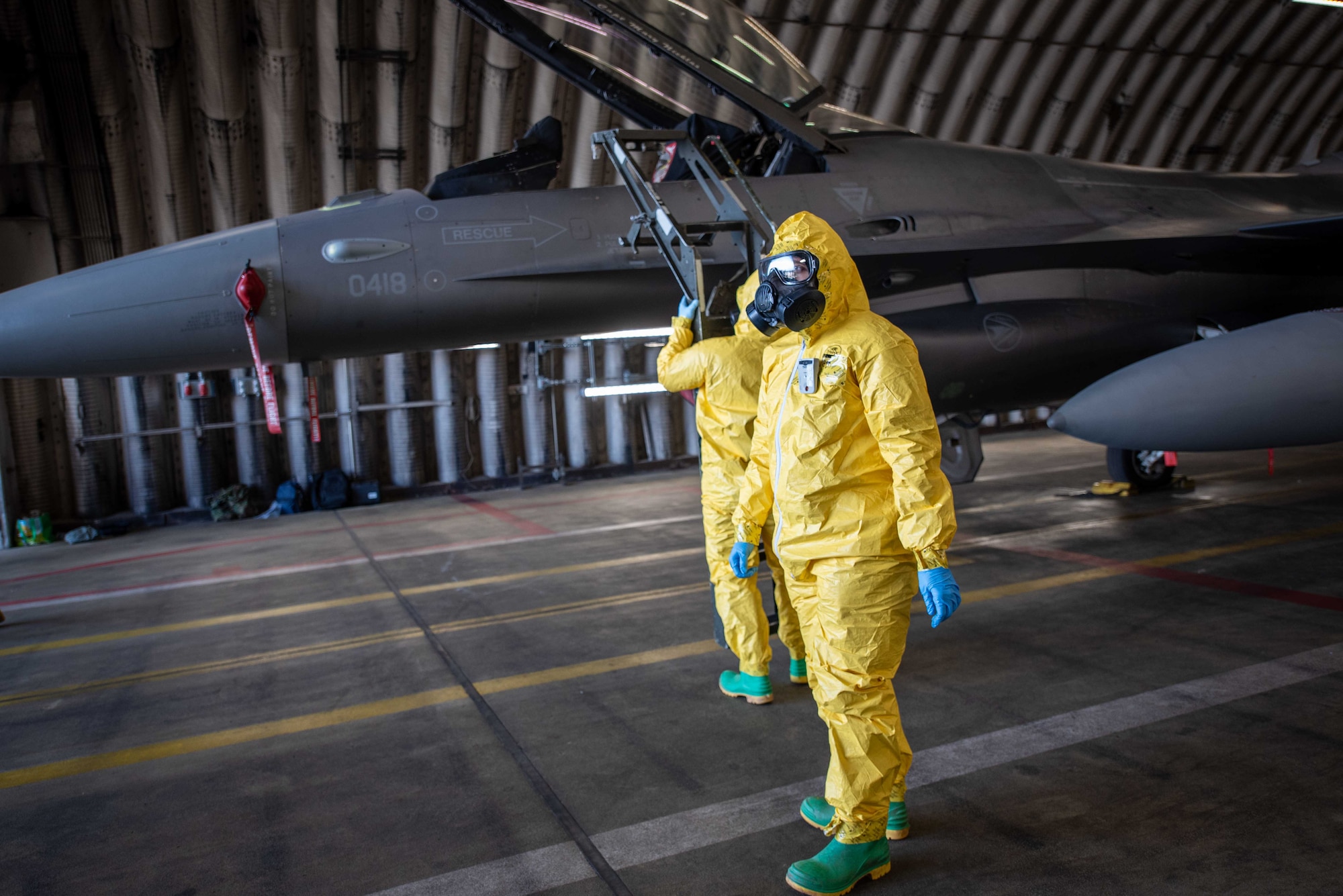 U.S. Air Force Airmen assigned to the 52nd Fighter Wing conduct radiological contamination detection procedures during exercise Radiant Falcon at Spangdahlem Air Base, Germany, April 24, 2024.