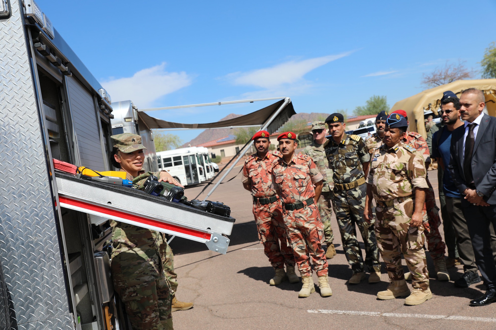 Members of the Sultanate of Oman Armed Forces and the Arizona National Guard attended briefings and tours from the Arizona Division of Emergency Management and Arizona National Guard 91st Civil Support Team during the Arizona National Guard Oman Leadership Summit on September 28, 2023.