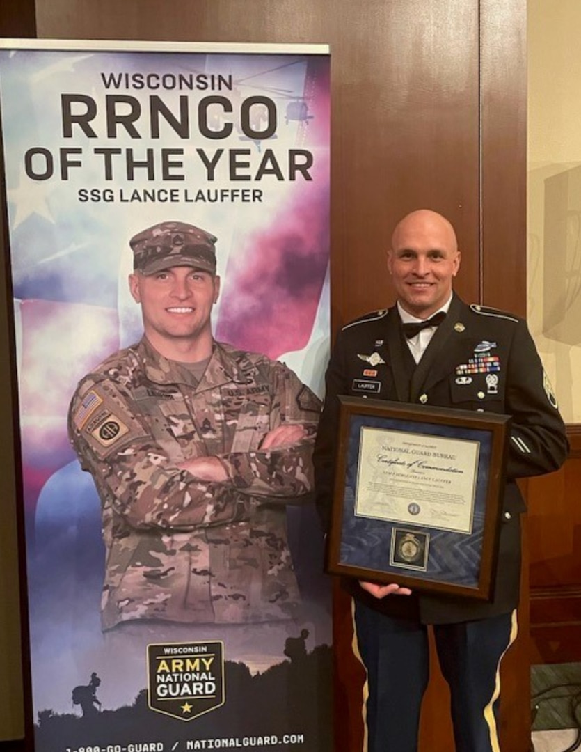 Staff Sgt. Lance Lauffer at the Chief’s 54 awards ceremony March 14 in Houston. Lauffer was named the Wisconsin Army National Guard’s top recruiter for 2023. Submitted photo