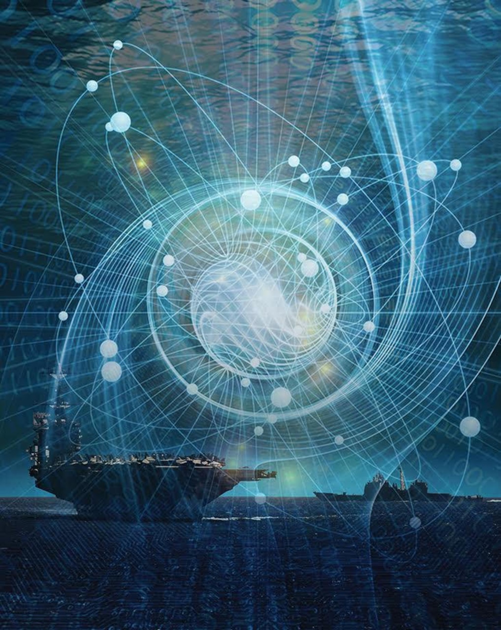230215 -N-N1809-002 San Diego, CA (Feb. 15, 2023) A graphic concept of quantum technology depicts two ships at sea in the 7th Fleet AOR.