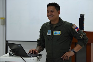 U.S. Air Force Capt. Timothy John D. Nolan, Deputy Officer in Charge of the Joint Live Fly Cell, hosts a bilateral class with Philippine Air Force members to share the best practices for implementing an integrated flying schedule to support exercise participation with multiple nations at Basa Air Base, Philippines during Cope Thunder Apr. 11, 2024. is an MQ-9 Pilot who has volunteered his time to work outside his traditional scope of duties to enhance U.S. and Philippine relations. (U.S. Air Force photo by Master Sgt. Darnell T. Cannady)