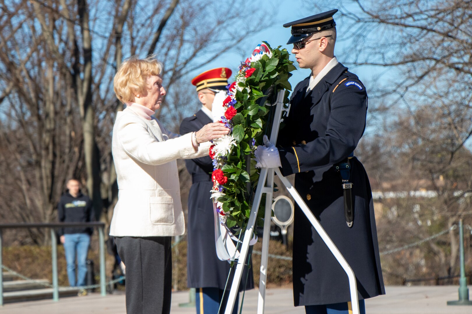 Members of the 1st Battalion 5th Infantry Regiment "Bobcats" meet for a 20th anniversary of their deployment to Mosul, Iraq during Operation Iraqi Freedom and commemorate the 19th anniversary of the passing of their colleague, Sgt. Stephen R. Sherman, who was killed in action by an improvised explosive device, on Feb. 3, at Arlington National Cemetery, in Arlington, Va. The Bobcats provided a wreath that was laid at the Tomb of the Unknown Soldier by Sherman’s mother who was accompanied by the Sentinels of the 3d U.S. Infantry Regiment – The Old Guard. After laying a wreath at the Tomb of the Unknown Soldier in Sherman’s honor, the Bobcats paid tribute to Sherman, and his surviving mother, by visiting his headstone and recalling stories of Sherman. Sherman’s mother closed the commemorative gathering by distributing coins dedicated to Sherman’s memory.