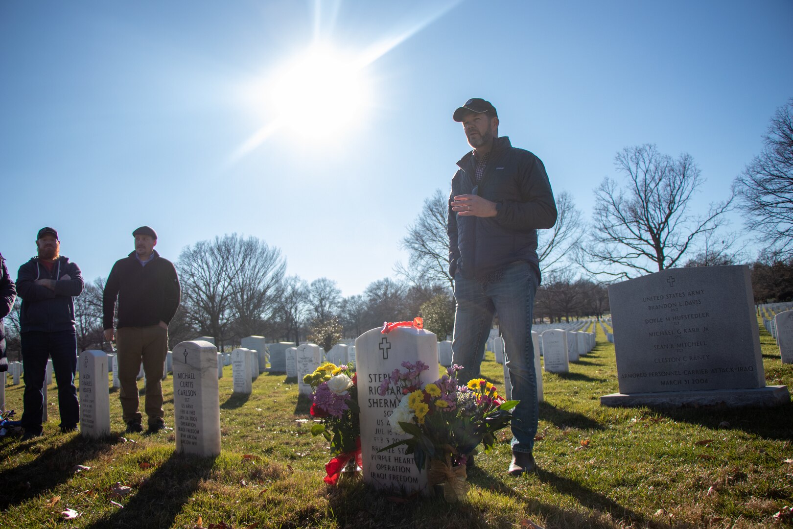 Members of the 1st Battalion 5th Infantry Regiment "Bobcats" meet for a 20th anniversary of their deployment to Mosul, Iraq during Operation Iraqi Freedom and commemorate the 19th anniversary of the passing of their colleague, Sgt. Stephen R. Sherman, who was killed in action by an improvised explosive device, on Feb. 3, at Arlington National Cemetery, in Arlington, Va. The Bobcats provided a wreath that was laid at the Tomb of the Unknown Soldier by Sherman’s mother who was accompanied by the Sentinels of the 3d U.S. Infantry Regiment – The Old Guard. After laying a wreath at the Tomb of the Unknown Soldier in Sherman’s honor, the Bobcats paid tribute to Sherman, and his surviving mother, by visiting his headstone and recalling stories of Sherman. Sherman’s mother closed the commemorative gathering by distributing coins dedicated to Sherman’s memory.