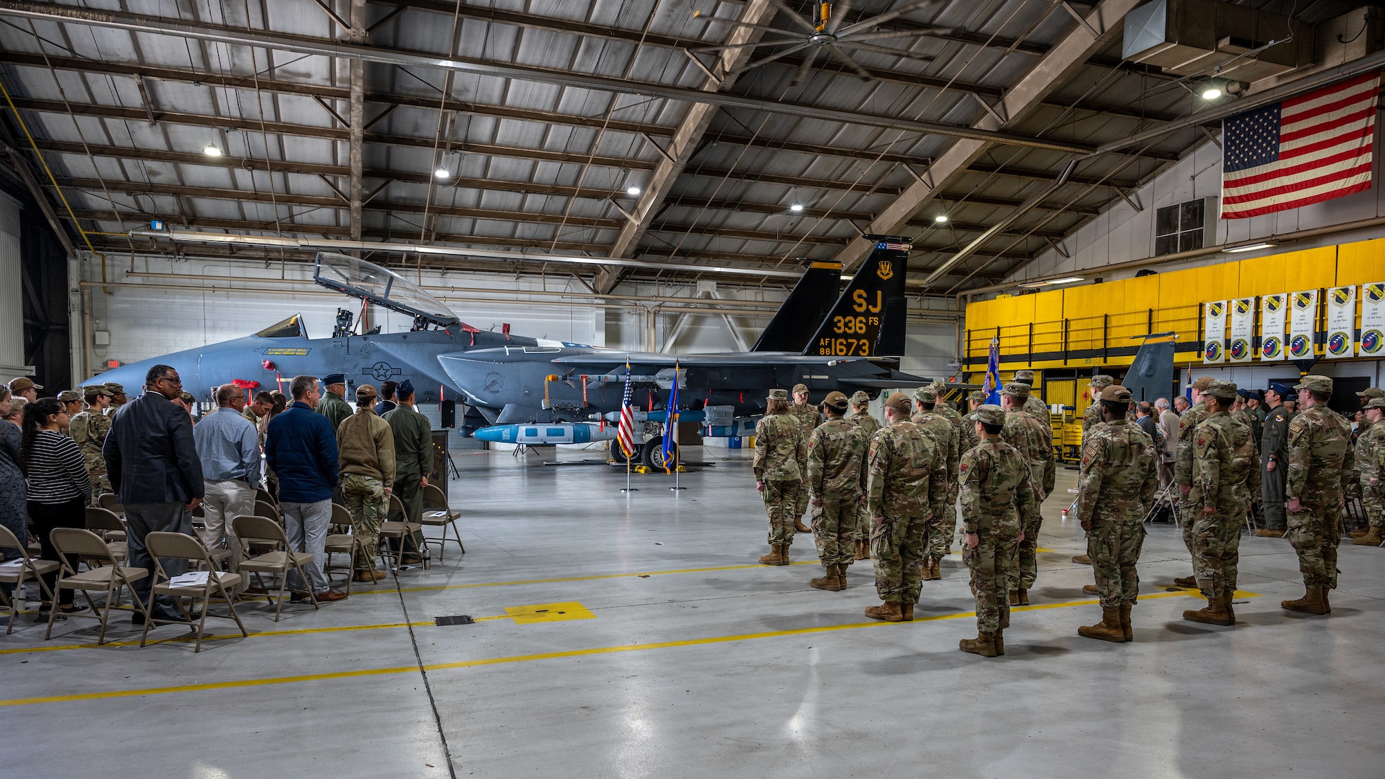 U.S. Air Force Airmen assigned to the 4th Fighter Wing and Goldsboro local leaders prepare to participate in the 4th Operational Support Squadron change of command ceremony on Seymour Johnson Air Force Base, April 22, 2024. The ceremony was conducted to commemorate the passing of command of the 4 OSS from Lt. Col. Stephen Keefer to Lt. Col. Harry Starnes. (U.S. Air Force photo by Airman 1st Class Leighton Lucero)
