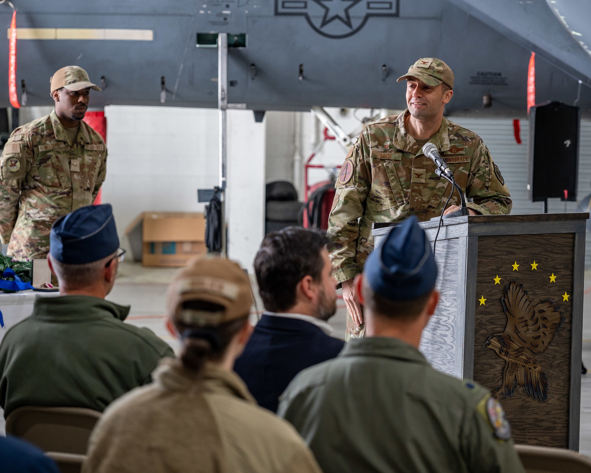 U.S. Air Force Col. Morgan Lohse, 4th Fighter Wing commander, gives a speech during the 4th Operational Support Squadron change of command ceremony on Seymour Johnson Air Force Base, North Carolina, April 22, 2024. The ceremony was conducted to commemorate the passing of command of the 4 OSS from Lt. Col. Stephen Keefer to Lt. Col. Harry Starnes. (U.S. Air Force photo by Airman 1st Class Leighton Lucero)