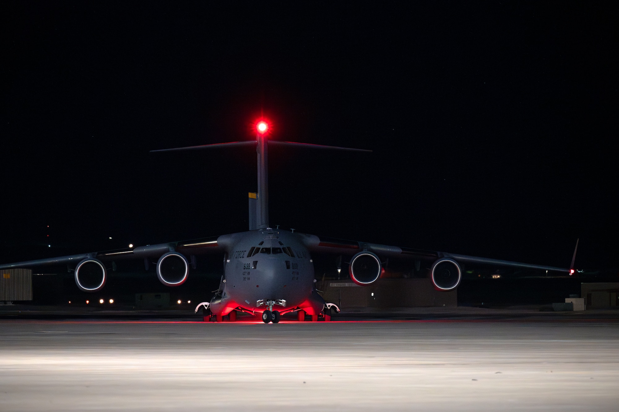 A U.S. Air Force C-17 Globemaster III arrives at Nellis Air Force Base, Nevada, April 9, 2024.